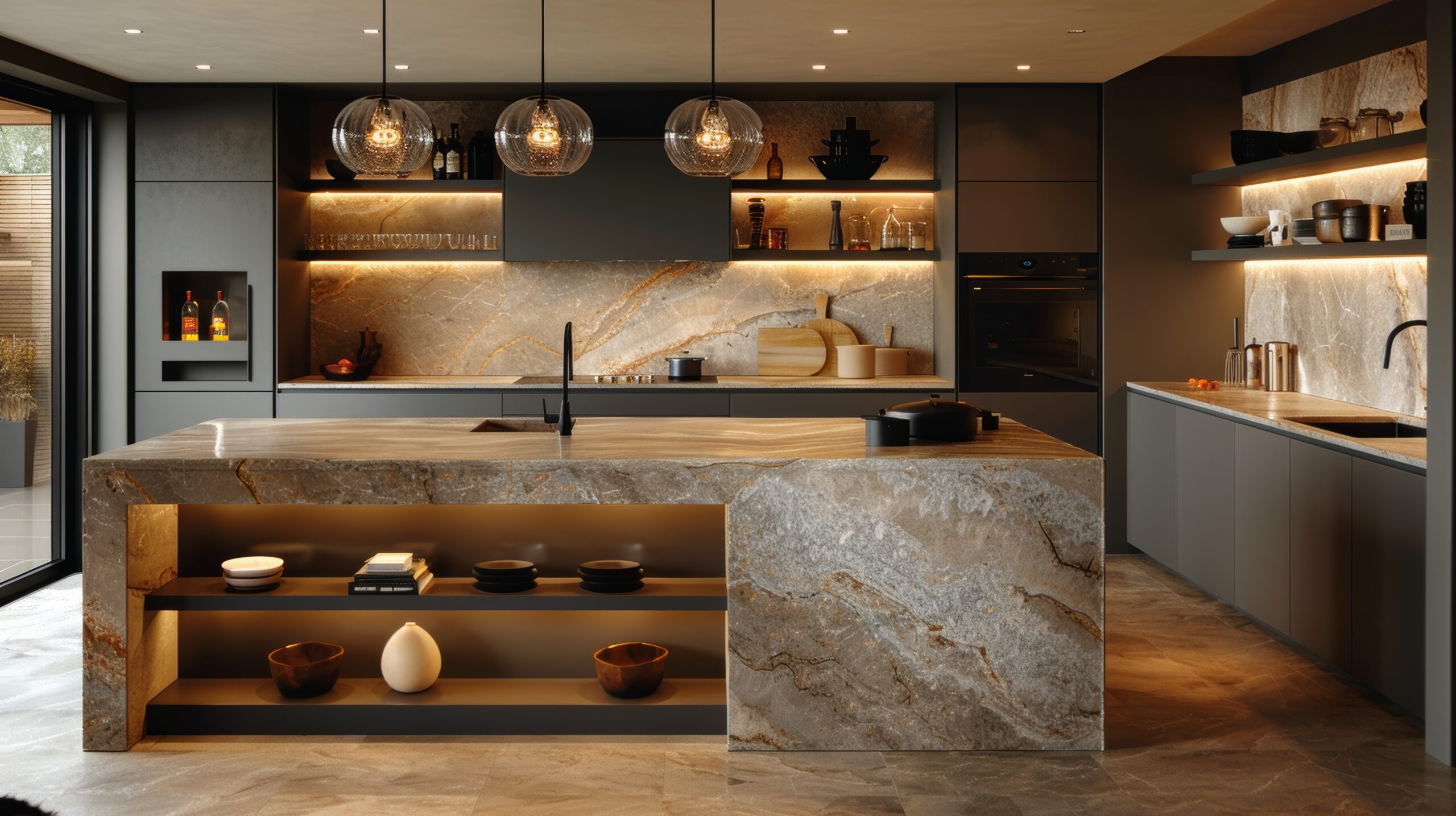Luxury kitchen interior featuring marble countertops, designer pendant lighting, and premium finishes representing Halpern Residential's luxury real estate portfolio in Phoenix, Arizona
